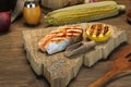 Single BBQ Grilled Salmon Steak On The Wood Board Royalty Free Stock Photo