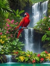 Beautiful red parrot near waterfall and flowers in park Royalty Free Stock Photo