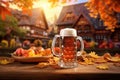 A single beer mug sits on top of a plain wooden table, creating a serene and uncomplicated scene, A traditional German beer stein