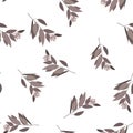 Single beige branch with leaves and bud background. Flat style seamless floral pattern.