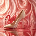 A single beige high-heeled shoe stands on a reflective surface with a pink swirling backdrop and a flamingo
