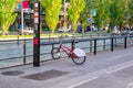 Single bicycle for rent parked on the street in Barcelona.