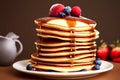 A single big stack of pancakes topped with fresh fruits and syrup on a white plate Royalty Free Stock Photo