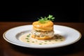 a single biscuit with gravy garnished with fresh parsley