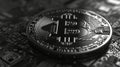 Single bitcoin coin close up, black and white, ambient occlusion.