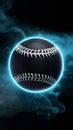 Single black baseball ball with bright blue glowing neon lines on smoke background, dynamic sports