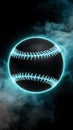 Single black baseball ball with bright blue glowing neon lines on smoke background, dynamic sports