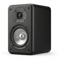Black Compact Bookshelf Speaker with Silver Woofer and Tweeter on White Background audio Royalty Free Stock Photo
