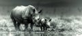 Young black rhinoceros calf stands by its mother at a waterhole in Etosha National Park, Namibia (digitally