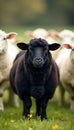 A single black sheep in sharp focus, surrounded by softly blurred white sheep , landscape, alone Royalty Free Stock Photo
