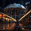 Single black umbrella with rain drops. Elegant opened umbrella with heavy fall rain over blurred bokeh cityscape. Rainy background