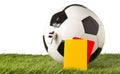 Single black and white soccer sports ball with referee whistle and yellow and red referee cards with selective focus on green