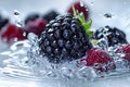 A single blackberry falls into the water, a splash of water. Royalty Free Stock Photo