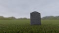 A single blank tombstone on a foggy meadow