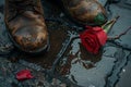 single blood-red rose lies abandoned on a rain-soaked pavement, Generative AI