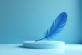 Single blue feather on a pale blue platform against a light blue background. Generative AI Royalty Free Stock Photo