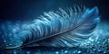 Single blue feather resting on a dark surface with water droplets. Generative AI Royalty Free Stock Photo