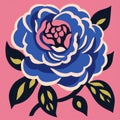 Folk Art-inspired Blue Rose Design With Chinese Iconography And Fauvist Colors