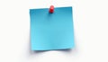 Single blue square sticky note isolated on white background. Red pin secures paper memo for writing reminders or messages. Blank Royalty Free Stock Photo