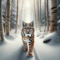 Single Bobcat Wilderness Wintertime Birch Trees Snowy Pathway Forest Canada AI Generated