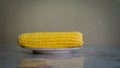 Single boiled sweet corn cob on a small plate on table