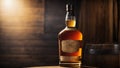 A single bottle of whiskey bourbon standing on barrel in retro vintage background