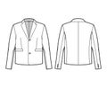 Single breasted jacket suit technical fashion illustration with long sleeves, notched lapel collar, flap welt pockets.