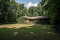 single brick house with ivy walls in a clearing, dense forest