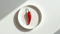 A single bright red chili pepper on a small round white ceramic plate casting a shadow on a white surface Royalty Free Stock Photo