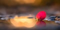 Single bright red leaf floats on shallow water with sunset reflection autumn nature Royalty Free Stock Photo