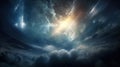 A Single Bright Star Shines Through Casting A Beam of Light on to a Turbulent Backdrop A Swirling Nebula Clouds of Thunderstorm AI