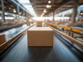 Single brown cardboard package moving along a conveyor belt in a busy, well-lit warehouse with rows of automated sorting systems Royalty Free Stock Photo