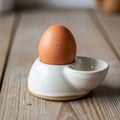 A single brown egg is placed in a ceramic egg cup with a separate section, possibly Royalty Free Stock Photo