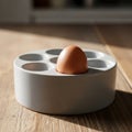 A single brown egg sits in the center of a white, circular egg holder with multiple Royalty Free Stock Photo