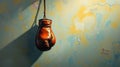 A single brown leather boxing glove hangs from a string against a textured Royalty Free Stock Photo