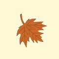 Single brown maple autumn leaf on beige background, vector