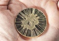 Single BTC Bitcoin coin on hand Royalty Free Stock Photo