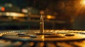 Single bullet standing upright on metallic surface. Macro shot with bokeh lights