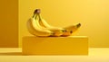 Single bunch of ripe yellow bananas resting on a yellow rectangular block against a yellow background Royalty Free Stock Photo