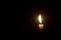 A single burning candle flame or light glowing on a spiral white candle against little blowing wind on black or dark background on
