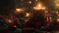 A single burning candle with red ribbon and pine needles Royalty Free Stock Photo