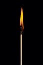 A single burning match with the flame rising up, isolated on a black background