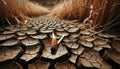 A single burnt matchstick lying in a parched field, cracked earth and dry grass