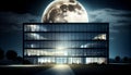 Single business skyscraper with full moon on background.