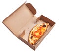 Single calzone italian pizza on delivery box isolated over white background Royalty Free Stock Photo