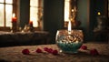 Aromatic candle burning brightly and casting an alluring soft warm glow