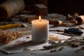 Single candle burning softly on a rustic table surrounded by dried flowers and crafting tools, creating a warm and inviting Royalty Free Stock Photo