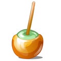 Single candy apple dipped in caramel with stick isolated on white background. Handmade sweetness is toffee apple. Vector