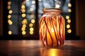 single candy cane resting inside a transparent glass jar