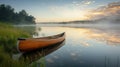 Canoe on a Misty Lake at Sunrise. Resplendent. Royalty Free Stock Photo